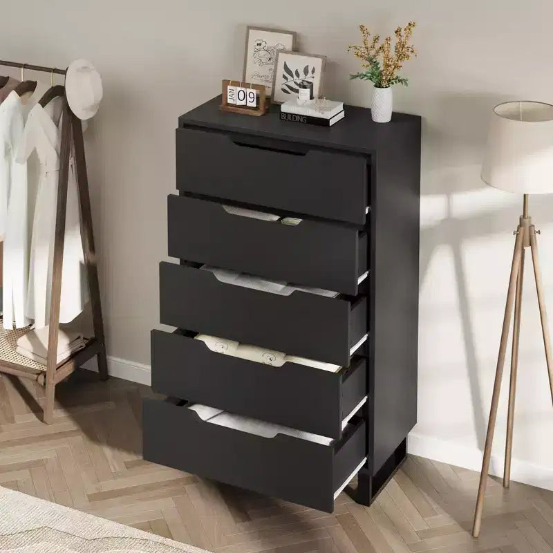 Acekool Commode Haute à 5 Tiroirs, 50 Commodes Verticales en Bois avec Pieds Détachables et Rangement Spacieux pour Chambre à Coucher, Salon, Couloir, Entrée, Noir