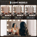 Coiffeuse d'angle avec miroir triptyque, station de charge, armoire de rangement, sac de rangement et tabouret, coiffeuse d'angle compacte pour chambre à coucher