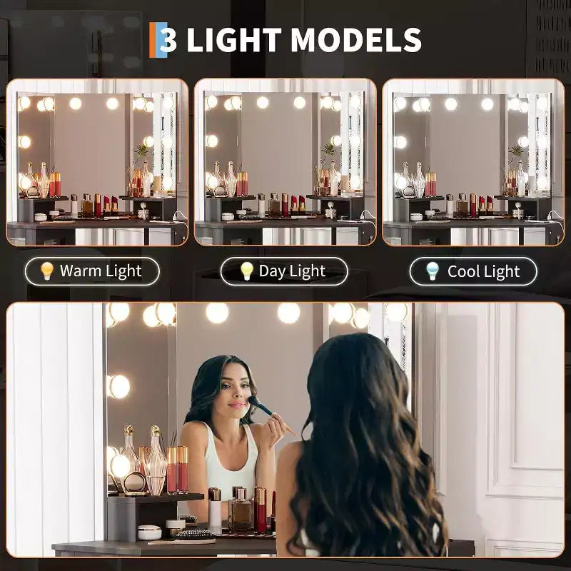 Coiffeuse d'angle avec miroir triptyque, station de charge, armoire de rangement, sac de rangement et tabouret, coiffeuse d'angle compacte pour chambre à coucher