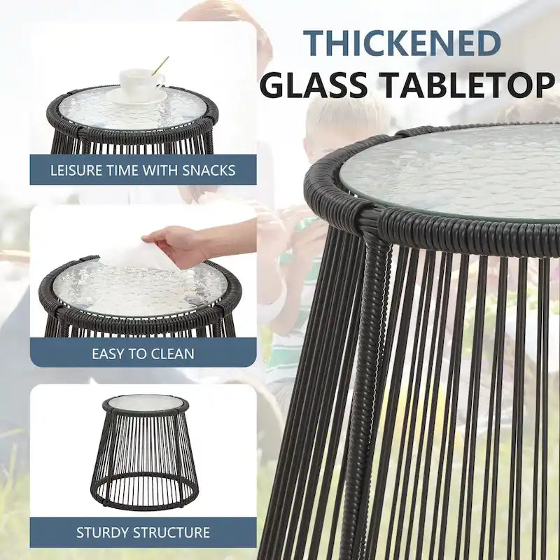 Ensemble de bistro 3 pièces pour terrasse, salon de jardin en rotin tressé avec table en verre et 2 fauteuils larges, coussins d'assise