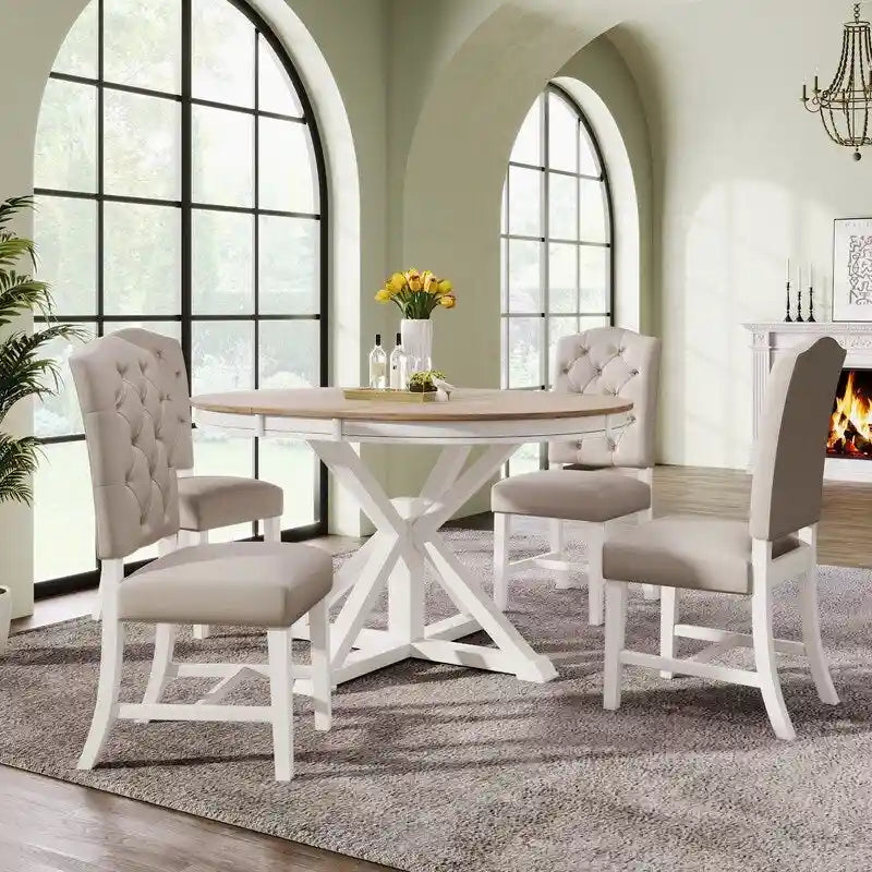 Ensemble de table à manger de style rétro et fonctionnel avec table extensible et 4 chaises rembourrées pour salle à manger et salon