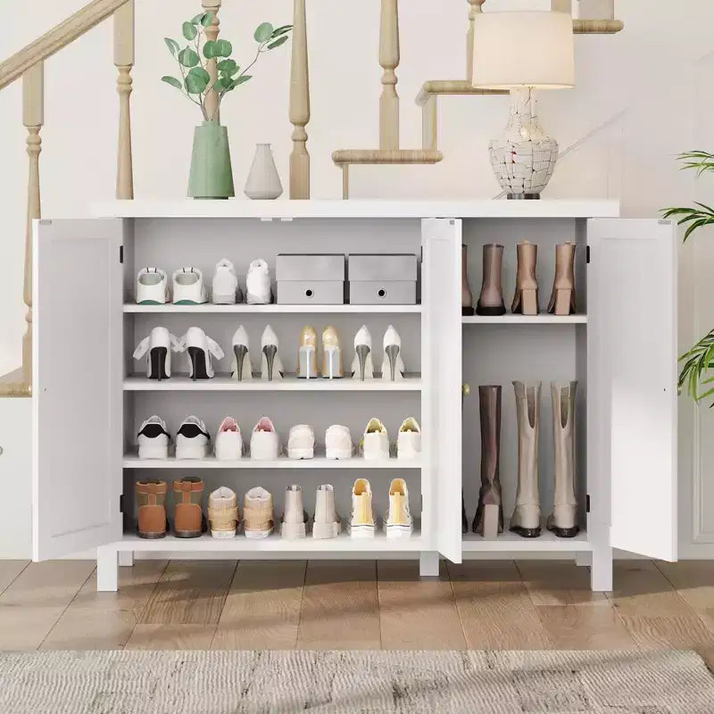Meuble à chaussures 4 niveaux Coolmee avec portes, meuble à chaussures de style fermier de 89 cm pour entrée, grand meuble de rangement à chaussures pour salon ou couloir
