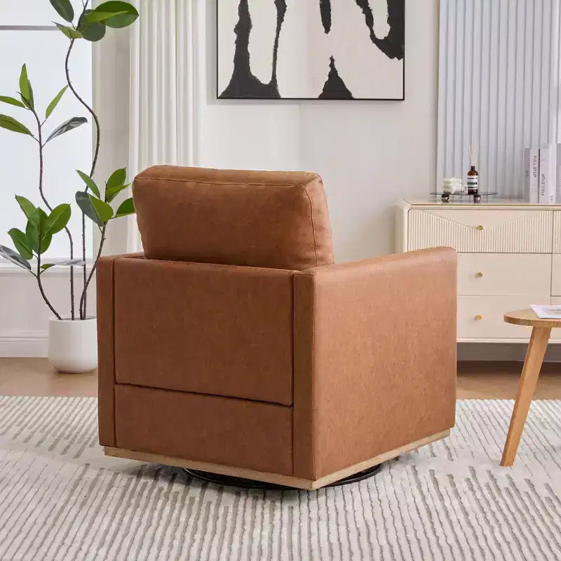 Fauteuil pivotant Etokfoks 30,7 pouces de large en PU marron, avec accoudoirs carrés, fauteuil de salon 360 degrés pour chambre à coucher