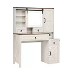 Coiffeuse de ferme avec miroir coulissant à LED, 4 tiroirs et 2 armoires, station de charge, plateau en verre et armoire latérale pour chambre à coucher
