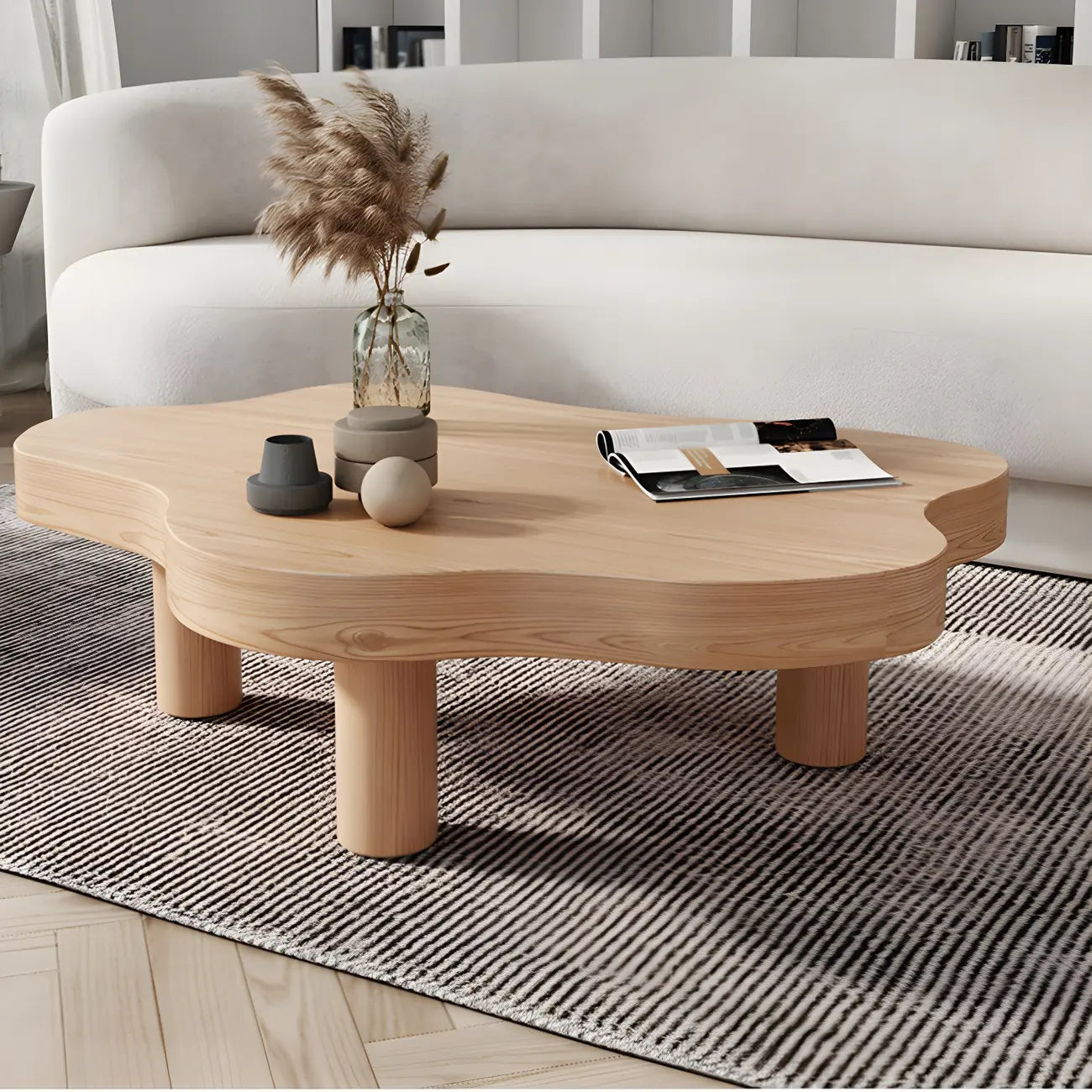 Table basse en pin naturel en forme de nuage à 3 pieds