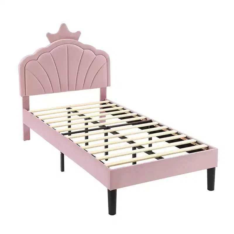 Cadre de lit enfant capitonné VECELO en forme de couronne, lit plateforme en bois avec tête de lit réglable, pas besoin de sommier tapissier