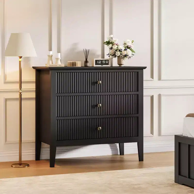 Commode à 3 tiroirs cannelés, commode en bois texturée verticalement pour chambre à coucher, salon, entrée, table de chevet avec tiroirs de rangement