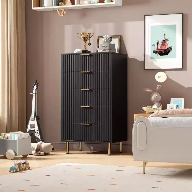 Commode moderne en bois de 122 cm de haut avec 5 tiroirs cannelés profonds et un large plateau pour chambre à coucher, salon, couloir, chambre d'enfant