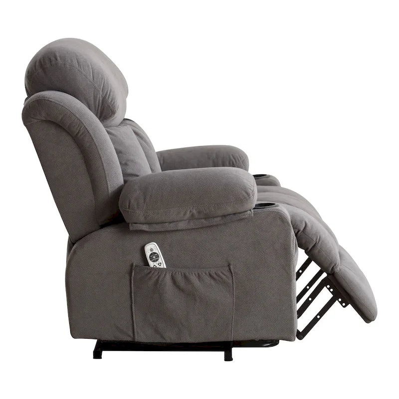 Fauteuil inclinable électrique gris avec massage chauffant, chargement USB, télécommande et poches latérales pratiques pour les personnes âgées