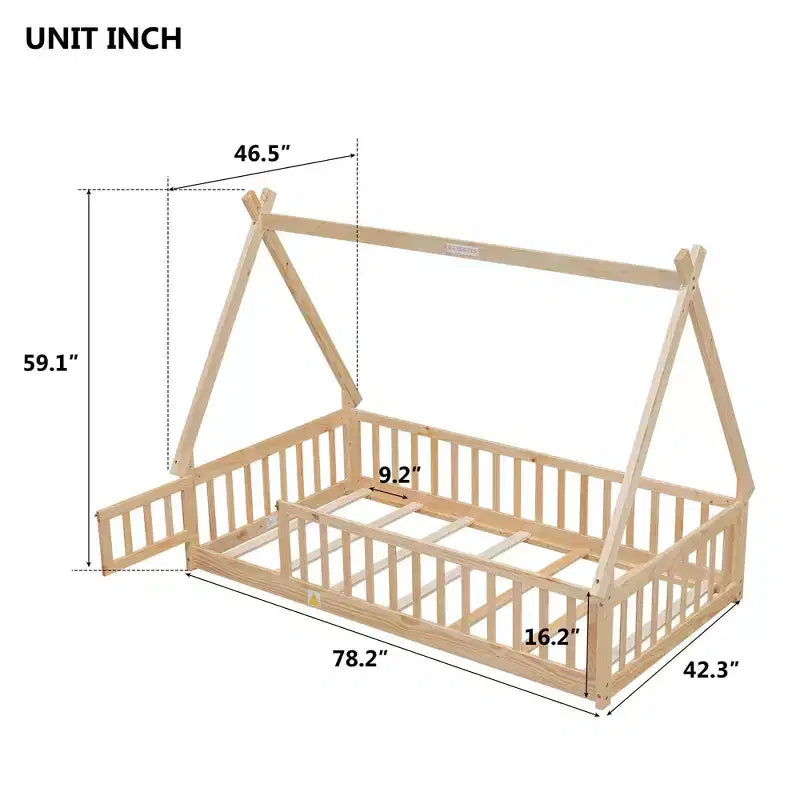 Okak Lit au sol simple/double avec toit amovible en forme de tente et rails de sécurité à 360° pour les tout-petits de 2 à 6 ans, lit pour enfants facile à monter, chambre d'enfant