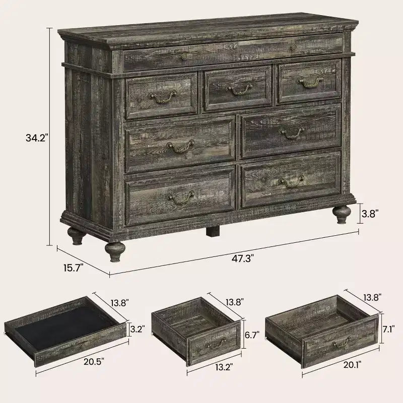Commode de Ferme à 9 Tiroirs pour Chambre à Coucher, Large Commode Rustique en Bois de 47" avec 9 Tiroirs et Poignées en Métal, Grand Organiseur de Rangement