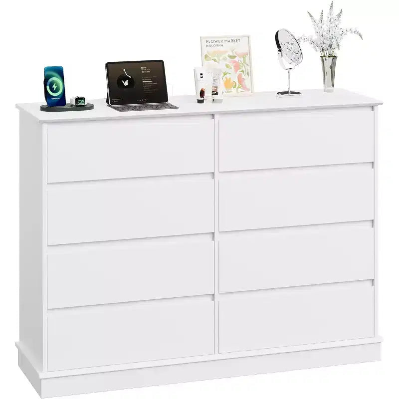 Commode double COZONY 51 po de large à 8 tiroirs – Grande commode horizontale avec tiroirs profonds et plateau large pour chambre, dressing, salon et couloir