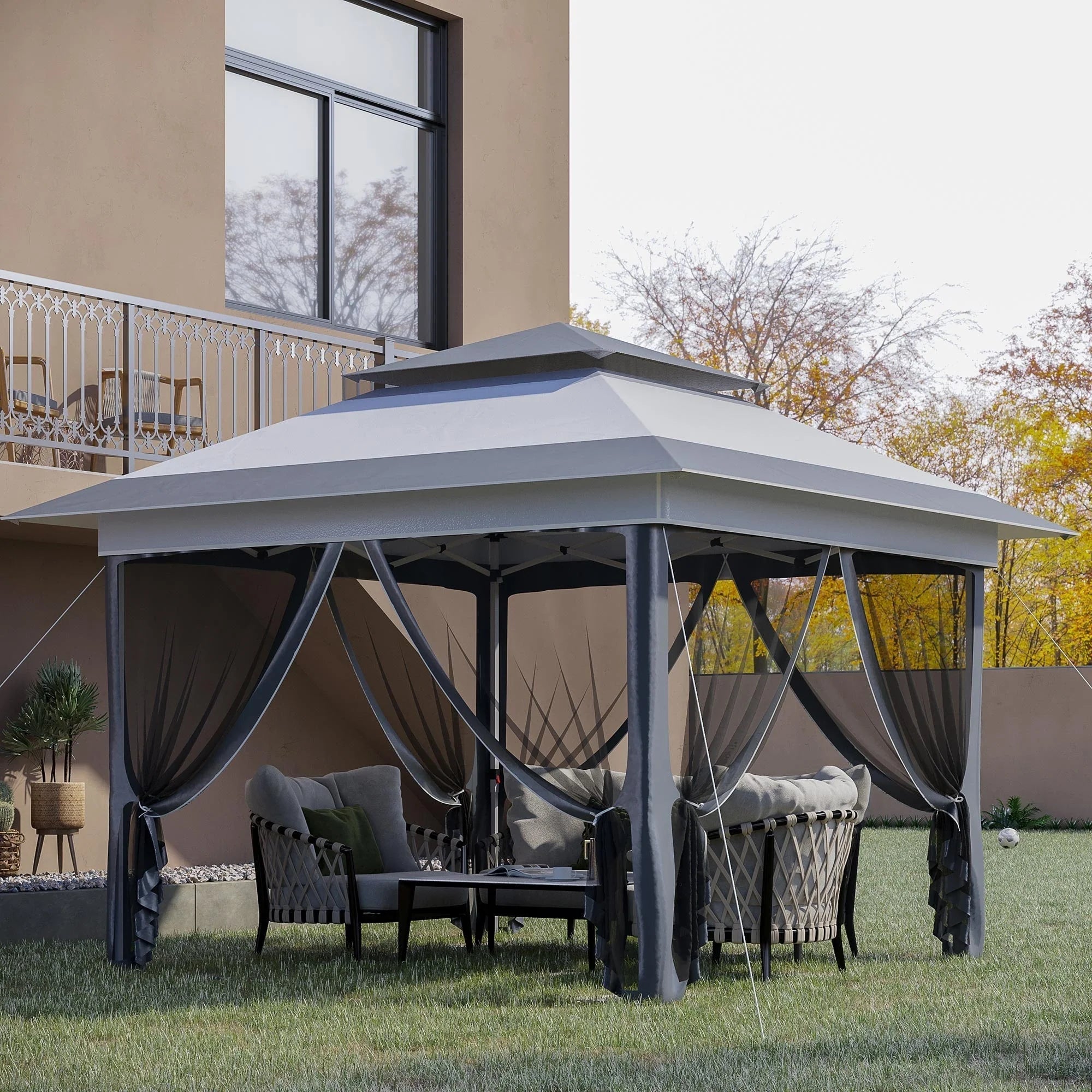 Outsunny 12 x 12 Tonnelle escamotable Pare-soleil Tente instantanée pliable avec filet latéral en maille, Hauteur réglable sur 3 niveaux