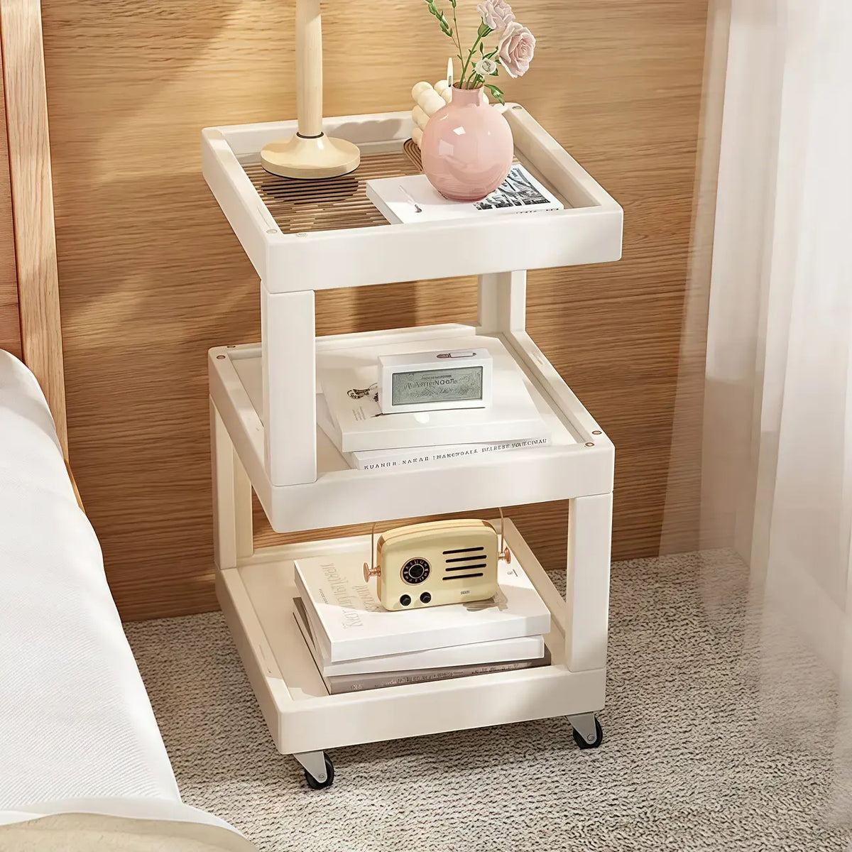 Dessus de table de rangement en bois de noyer à 3 niveaux avec roulettes