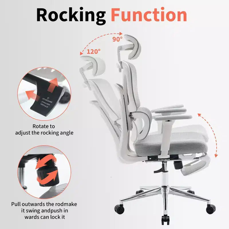 Chaise de bureau ergonomique en maille - Dossier haut, support lombaire réglable, appui-tête et repose-pieds rembourrés, siège large et respirant, chaise de bureau pivotante