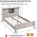 Lit queen size de style campagnard avec étagères de rangement et station de charge
