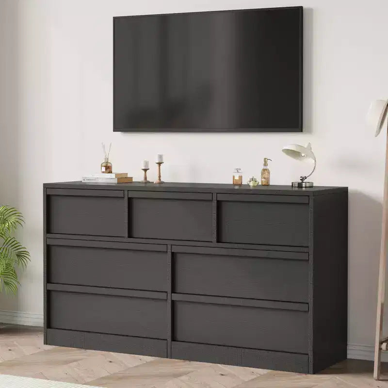 Commode 7 tiroirs pour chambre à coucher, commode noire avec poignées concaves, commode moderne à 7 tiroirs pour chambre, salon, chambre d'enfant
