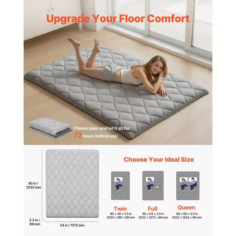 VEVOR Tapis Tatami Japonais, Matelas Tatami Pliable Taille Standard, Matelas Futon avec Sac de Rangement, Tapis de Sol 9 Couches, 203 x 137 x 8,9 cm, Gris