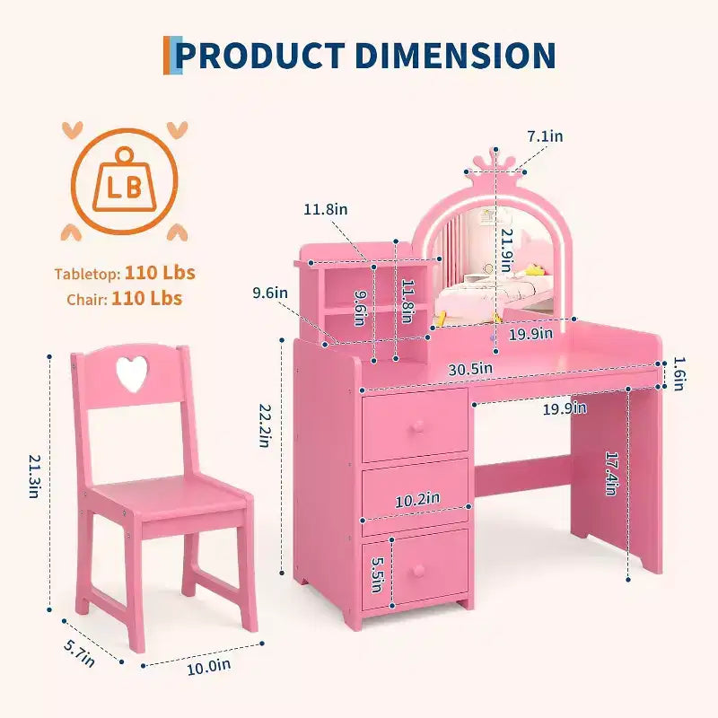 Coiffeuse avec miroir et lumières pour petites filles, ensemble de coiffeuse avec tiroirs et étagères de rangement ouvertes, table de toilette en bois pour chambre à coucher