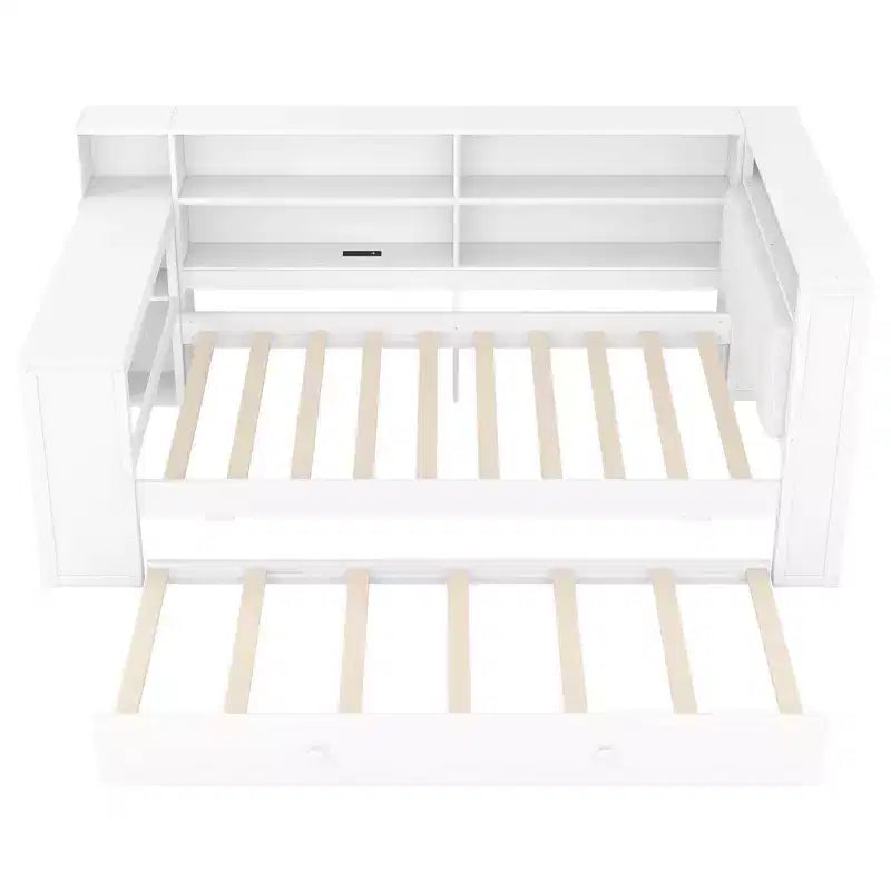 Lit plateforme double en bois Luxystar avec tête de lit capitonnée, 8 étagères de rangement, lit gigogne et bureau