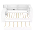 Lit plateforme double en bois Luxystar avec tête de lit capitonnée, 8 étagères de rangement, lit gigogne et bureau