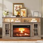 Meuble TV compatible 70 pouces, Console multimédia 58 pouces, Meuble TV moderne effet bois avec lumières LED, Rangement avec portes en verre et étagères réglables