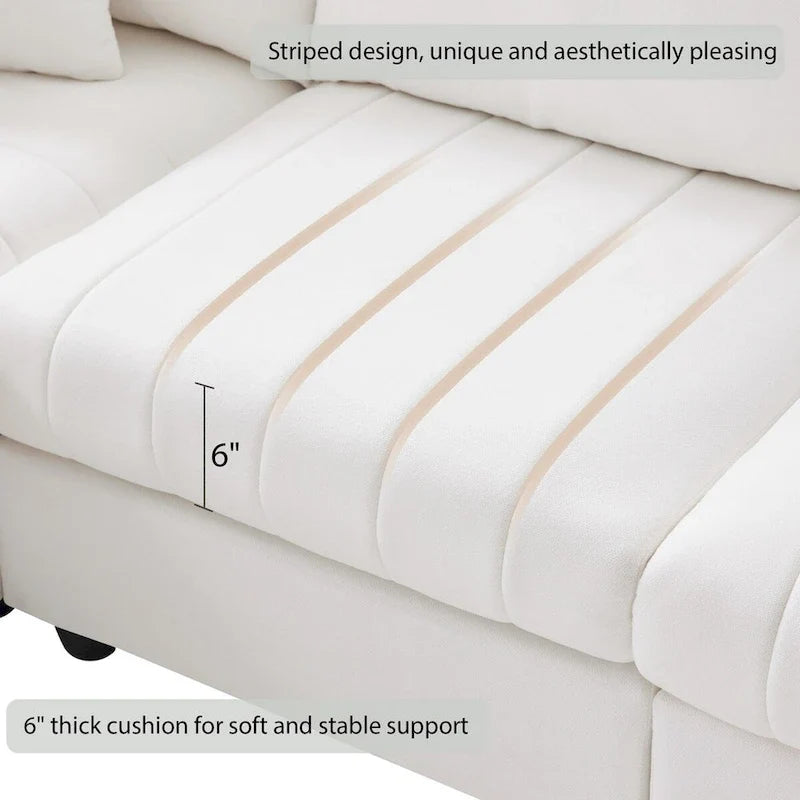 Canapé d'angle 5 places moderne en L avec rayures verticales, 2 coussins, pouf convertible