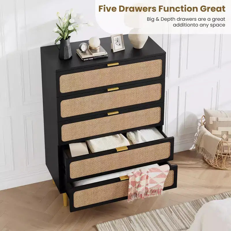 Commode à 5 tiroirs en rotin GustoWave pour chambre à coucher, commode haute avec tiroirs profonds, grande commode pour placard avec plateau large, longue commode en bois