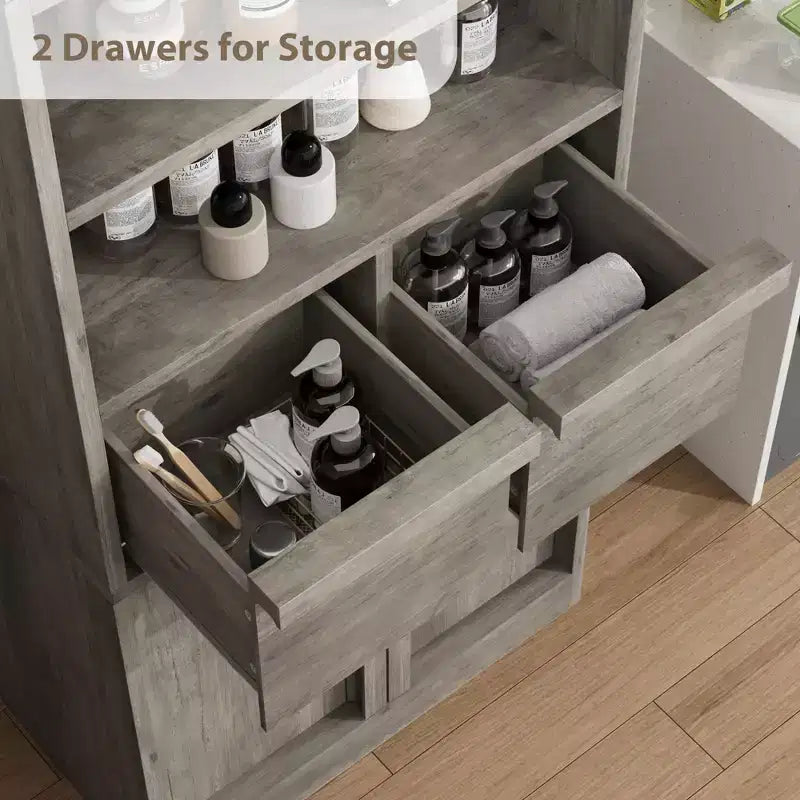 Meuble de Rangement Salle de Bain Haut de 129 cm, Meuble Bas Autonome avec 2 Tiroirs, Meuble de Rangement pour Salon Cuisine Salle de Bain