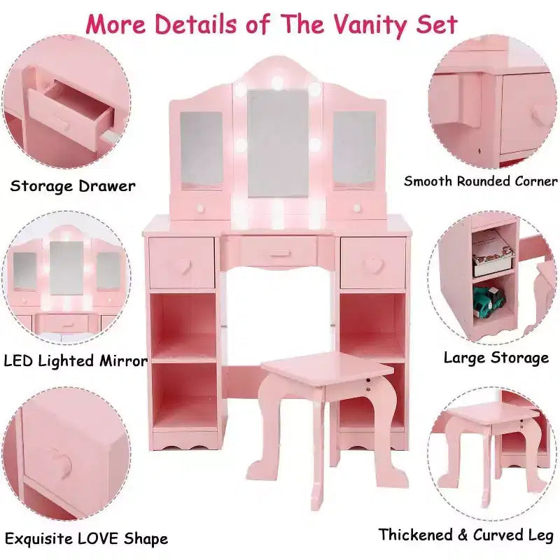 Table de toilette 2-en-1, ensemble table et chaise de coiffeuse pour enfants, coiffeuse en bois pour princesse, table de maquillage de jeu de rôle pour princesse