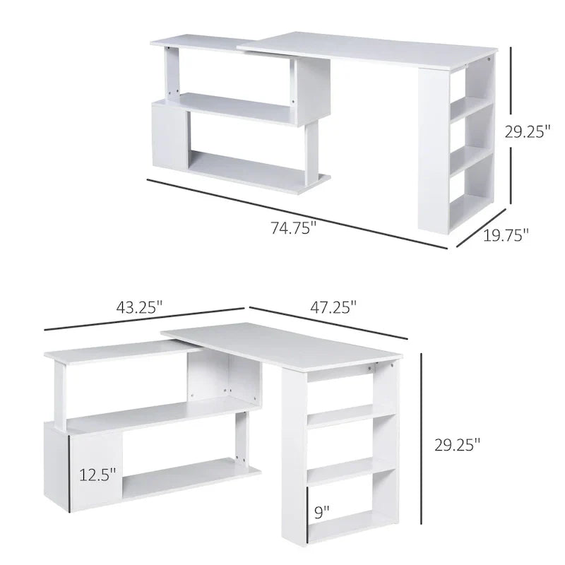 Bureau d'angle en L rotatif à 360° HOMCOM : Blanc, avec étagères de rangement