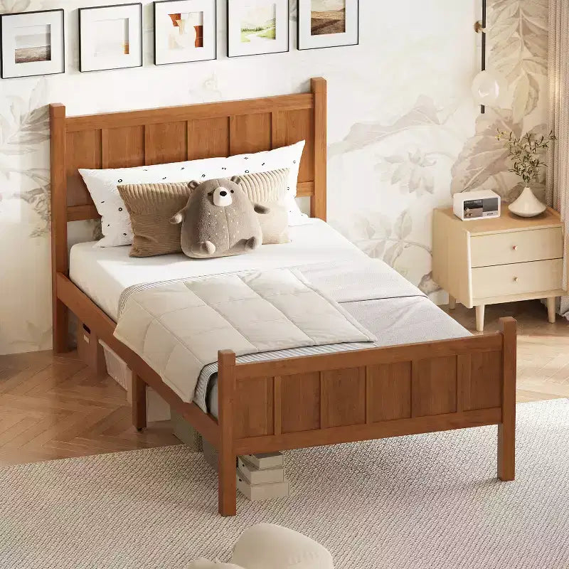 Cadre de lit double/grand lit/très grand lit avec tête de lit et pied de lit, lit plateforme de style ferme, support à lattes en bois, noyer - ModernLuxe