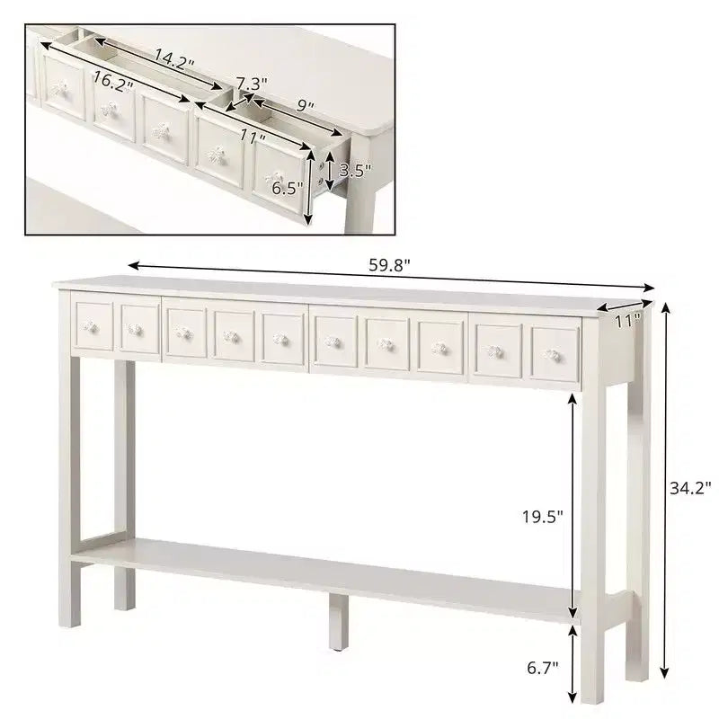 Table d'entrée vintage blanche à 2 niveaux avec 4 tiroirs en MDF 152,5*28*86,4cm