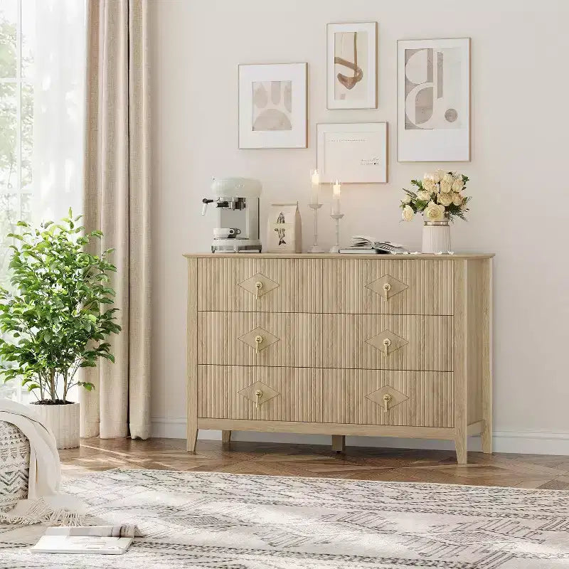Acekool Commode cannelée à 6 tiroirs de 120 cm, Meuble de rangement moderne pour chambre à coucher, salon