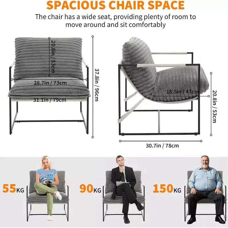 Fauteuil d'appoint suspendu pour salon, fauteuil douillet moderne à cadre métallique, chaises rembourrées avec coussin en mousse déchiquetée, chaise longue