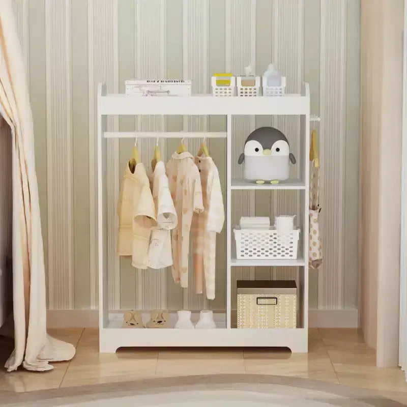 Commode pour enfants avec miroir et crochets, étagère en bois avec tringle à suspendre, 3 crochets latéraux, étagères, étagère supérieure, salle de jeux, chambre, chambre d'enfant, blanc