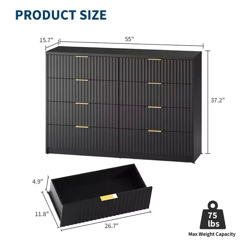 Commode double flûtée à 8 tiroirs, grand chiffonnier anti-basculement pour chambre à coucher, noir