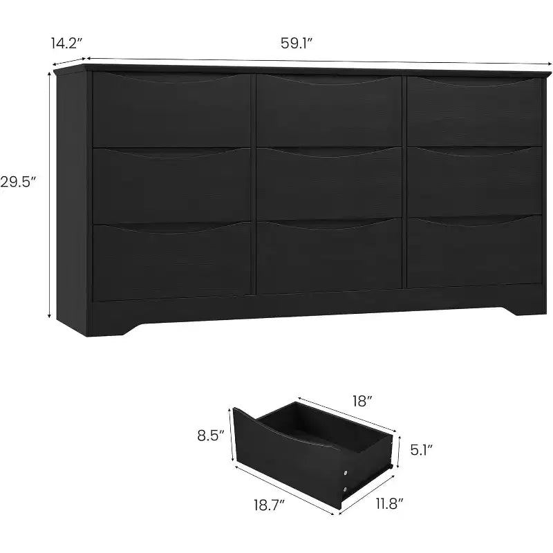 Commode en bois à 9 tiroirs, longue commode de rangement, commode moderne, pour chambre à coucher, salon