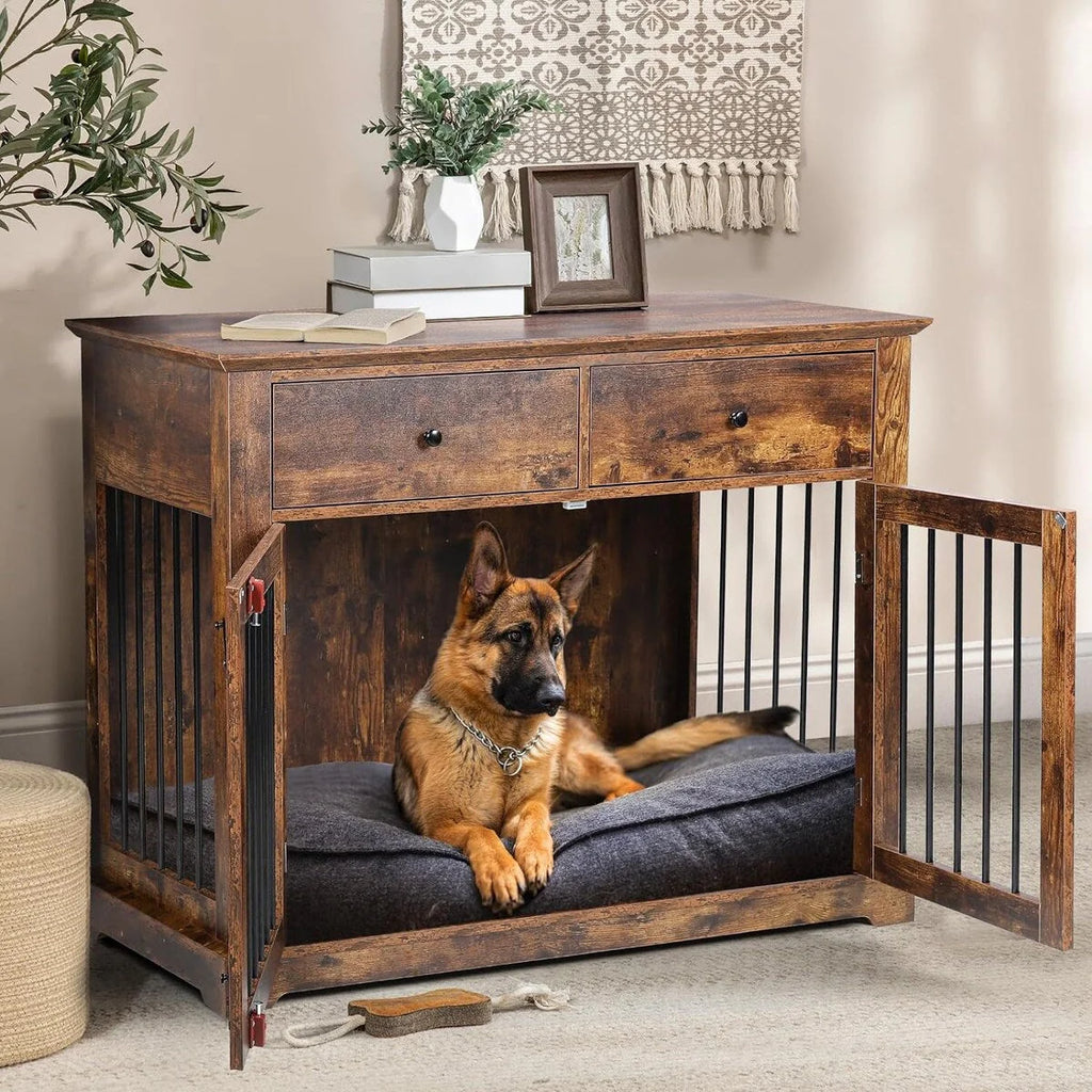 BOSSIN Cage pour Grand Chien de 112 cm, Meuble de Chenil en Bois avec Tiroirs de Rangement, Niche Décorative pour Animaux de Compagnie