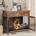 BOSSIN Cage pour Grand Chien de 112 cm, Meuble de Chenil en Bois avec Tiroirs de Rangement, Niche Décorative pour Animaux de Compagnie