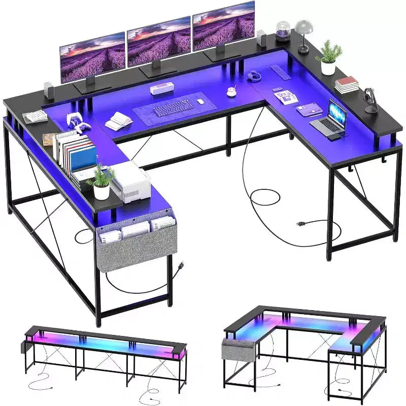 Bureau d'angle en U de 200 cm pour gamer, bureau d'ordinateur réversible en forme de L avec prises de courant, lumières LED, support d'écran et étagères de rangement