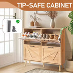 Karl Home Armoire à chaussures 4 portes réversibles noires en aggloméré gaufré avec pieds naturels 105,9 cm Bois naturel