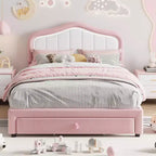 Lit plateforme double capitonné avec tête de lit LED et tiroir de rangement, rose/blanc, lattes en bois, sans sommier, silencieux, montage facile, pour enfants