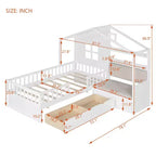 Lit cabane MAYEERTY pour enfant avec canapé, plateforme, deux tiroirs et étagère de rangement, blanc