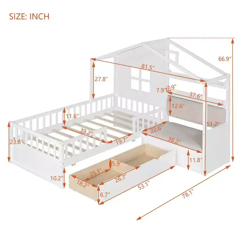 Lit cabane MAYEERTY pour enfant avec canapé, plateforme, deux tiroirs et étagère de rangement, blanc