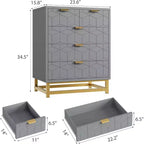 Commode de rangement moderne Acekool à 5 tiroirs avec poignées métalliques pour chambre, salon ou entrée - Blanc avec pieds en métal doré