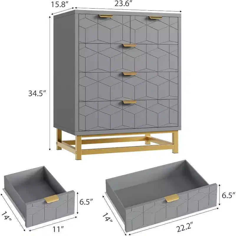 Commode de rangement moderne Acekool à 5 tiroirs avec poignées métalliques pour chambre, salon ou entrée - Blanc avec pieds en métal doré