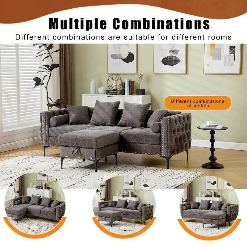Canapé sectionnel convertible moderne en forme de L en chenille capitonnée