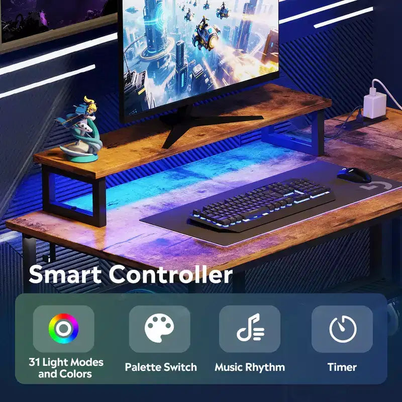 Bureau de jeu GALAXHERO 43 pouces en L, petit bureau d'angle pour ordinateur avec prises de courant, lumières LED et support d'écran, bureau pour chambre