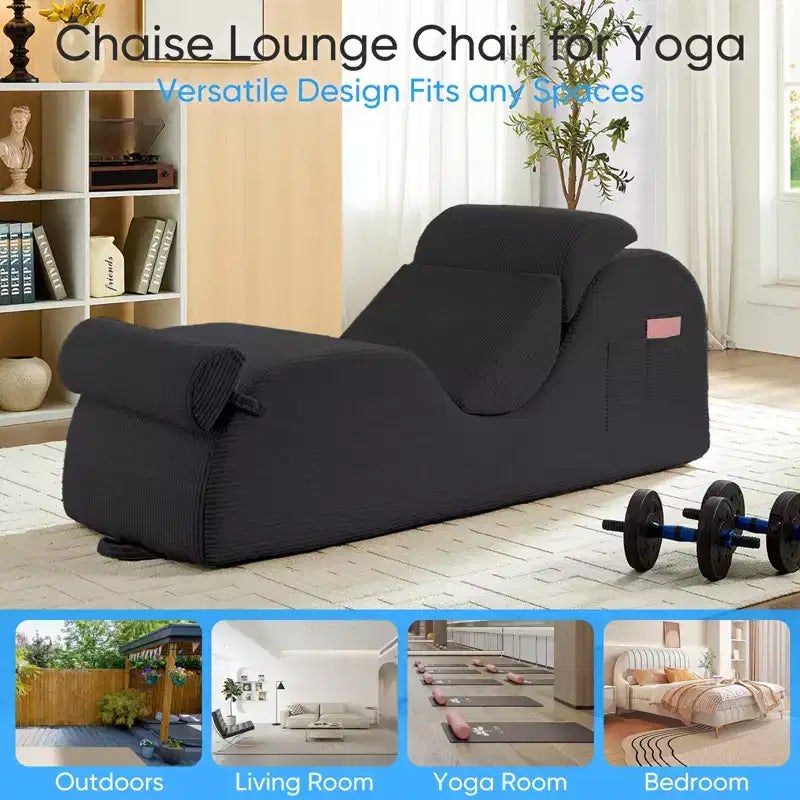 Mjkone Chaise Longue de Yoga en Velours Côtelé, Canapé de Yoga Incurvé avec Appui-Tête/Coussin Lombaire/Repose-Pieds Amovibles, Base Antidérapante